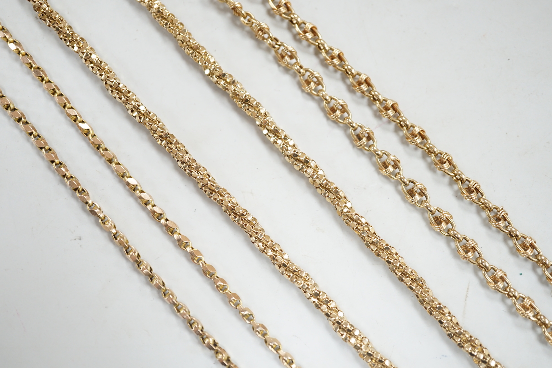 Two 9ct gold chains including triple strand twist, together with a 9c chain, gross weight 34.6 grams.